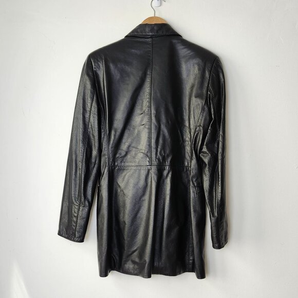 Vtg Late 90s Early 00s Women's Genuine Leather Long Black Button-Up Jacket Rock - Picture 8 of 16